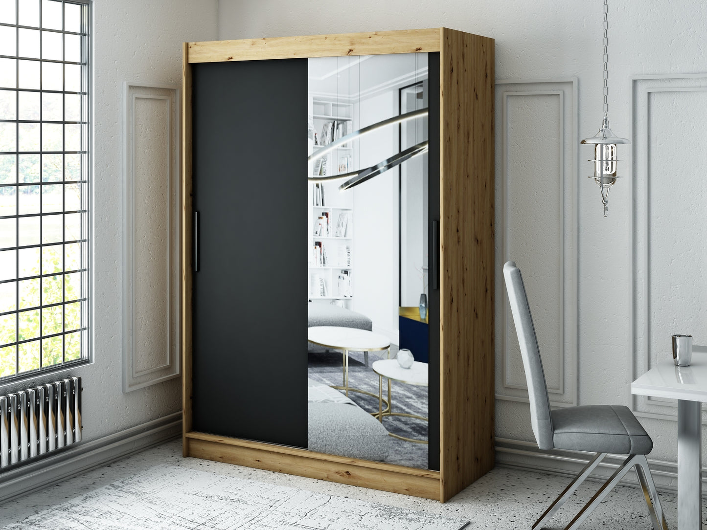 LOTTA T2 - Wardrobe Sliding Doors Mirror Oak Artisan / Black Matt Colour Drawers Optional >150cm x 200cm<