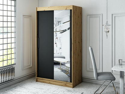 LOTTA T2 - Wardrobe Sliding Doors Mirror Oak Artisan / Black Matt Colour Drawers Optional >120cm x 200cm<