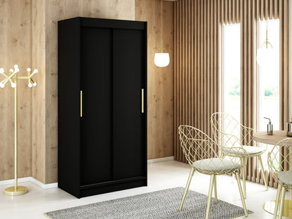 MANU T - Wardrobe Sliding Doors Black Matt + Golden Handles Shelves Rails Optional Drawers >100cm<