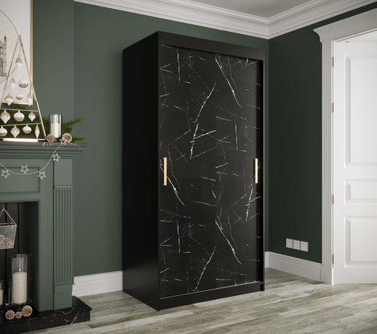 MARBLE T - Wardrobe with Sliding Doors, Shelves, 2 x Hanging Rails and Optional Drawers >120cm<