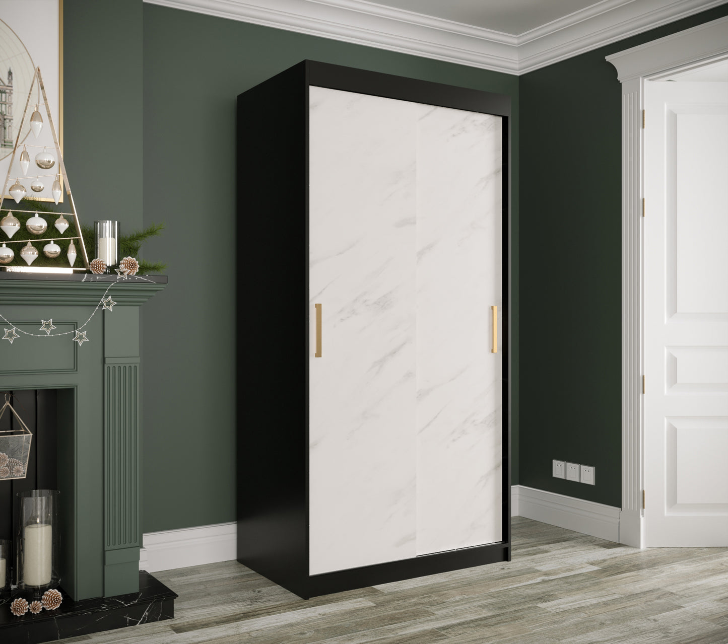 MARBLE T - Wardrobe with Sliding Doors, Shelves, 2 x Hanging Rails and Optional Drawers >100cm<