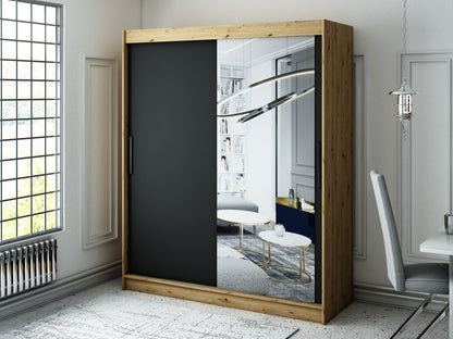 LOTTA T2 - Wardrobe Sliding Doors Mirror Oak Artisan / Black Matt Colour Drawers Optional >180cm x 200cm<
