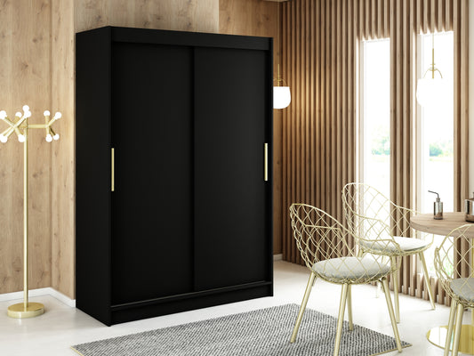 MANU T - Wardrobe Sliding Doors Black Matt + Golden Handles Shelves Rails Optional Drawers >150cm<