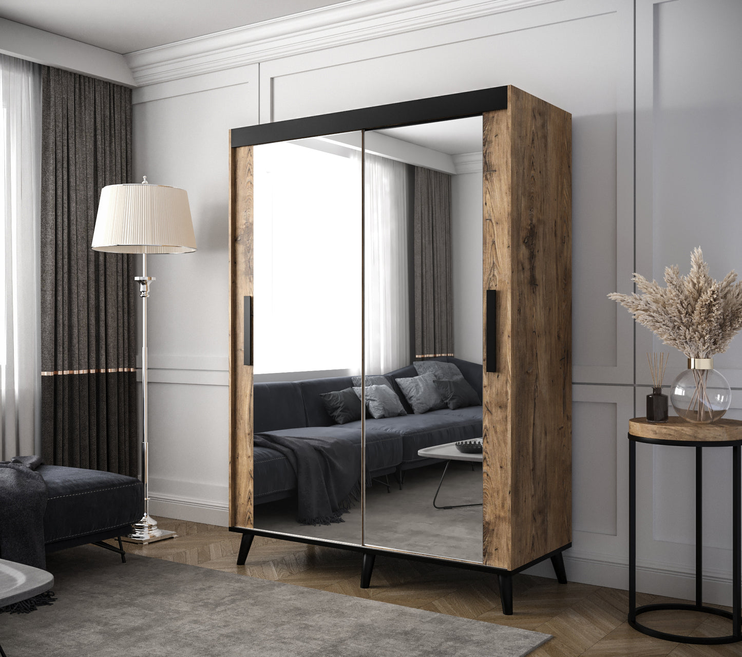 Galicia T3 - Industrial Style Wardrobe Mirrors Shelves Drawers Optional >150 cm x 208 cm<