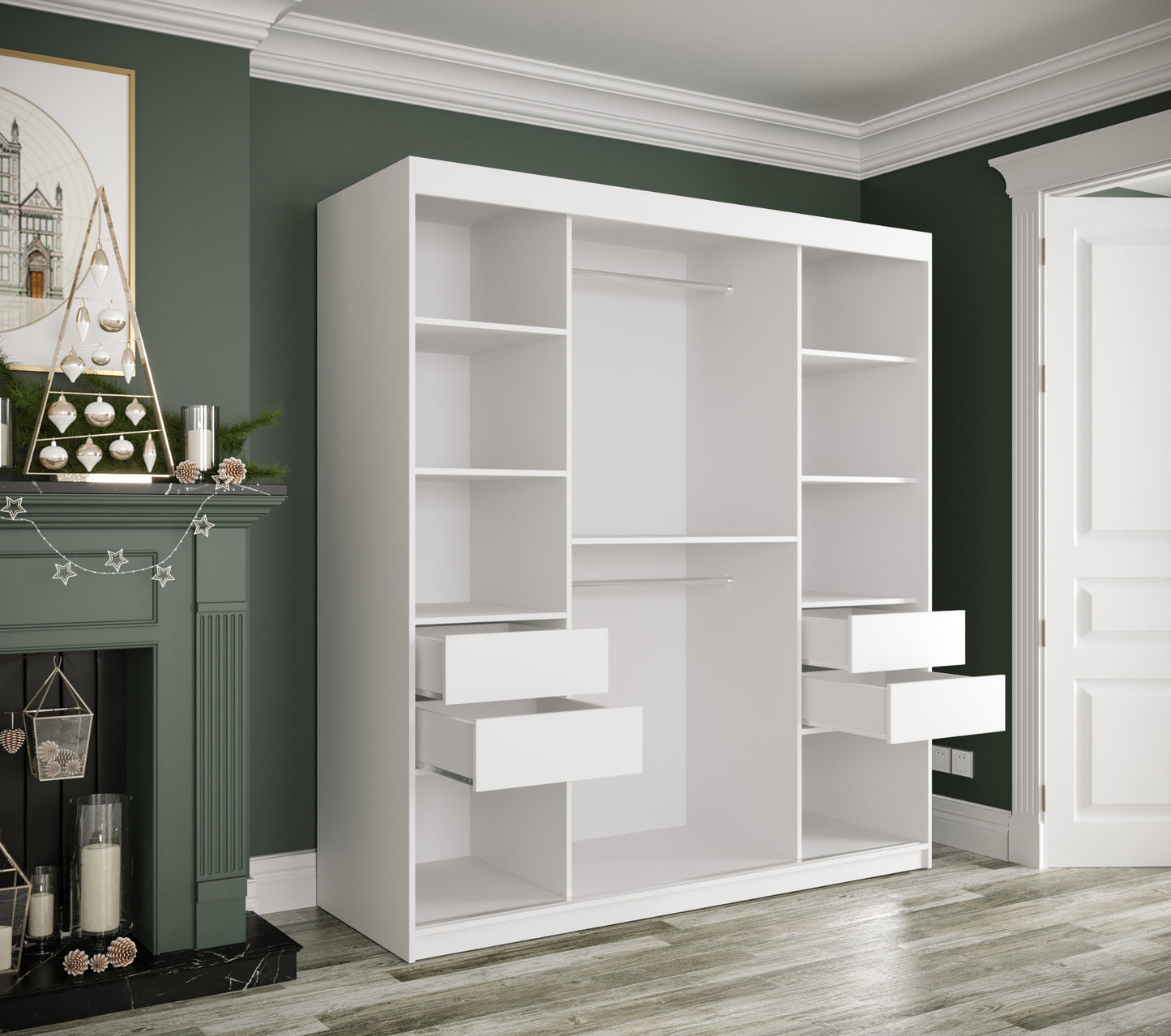 MARBLE T - Wardrobe with Sliding Doors, Shelves, 2 x Hanging Rails and Optional Drawers >180cm<