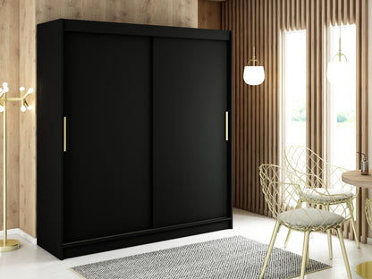 MANU T - Wardrobe Sliding Doors Black Matt + Golden Handles Shelves Rails Optional Drawers >200cm<