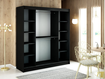 MANU T - Wardrobe Sliding Doors Black Matt + Golden Handles Shelves Rails Optional Drawers >200cm<
