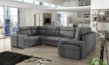 ALEAH U - Big Elegant U-shaped Sofa Bed with Footstool, 3 Storages, Drawer, Sleeping Function >370x205cm<