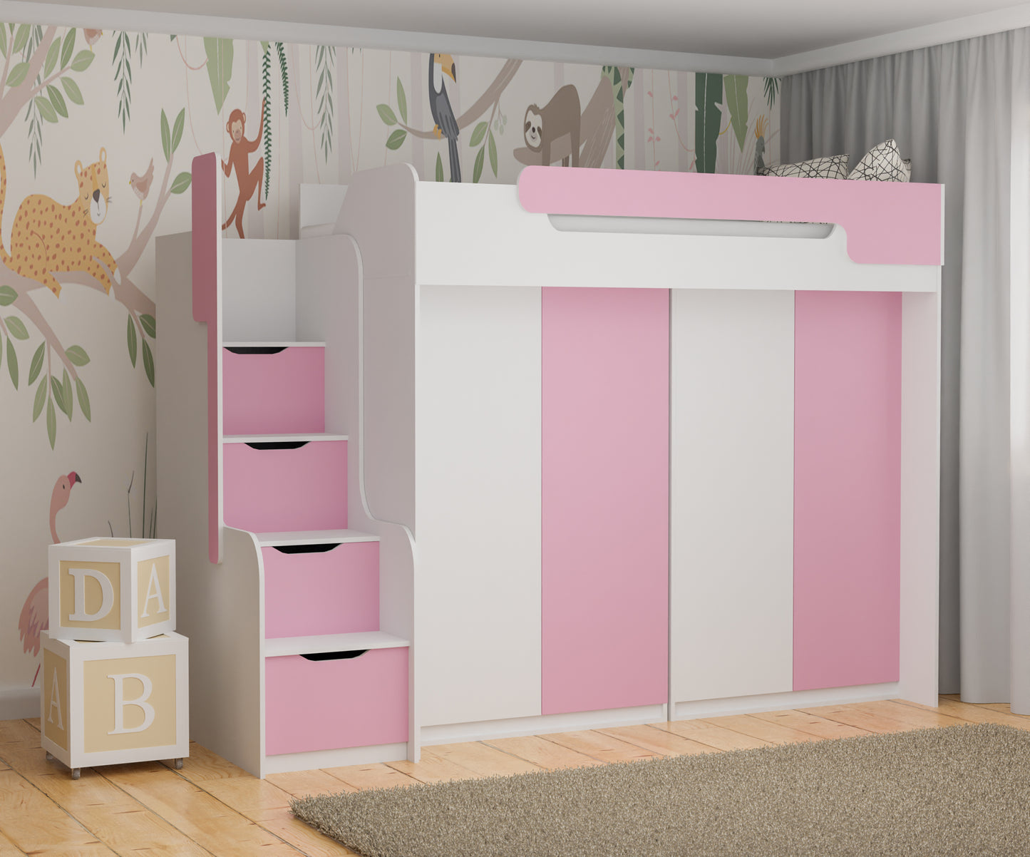 DORIANA - High Sleeper Bed with Stairs and Wardrobe, 3 Variations, 6 Colour Inserts