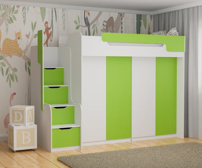 DORIANA - High Sleeper Bed with Stairs and Wardrobe, 3 Variations, 6 Colour Inserts