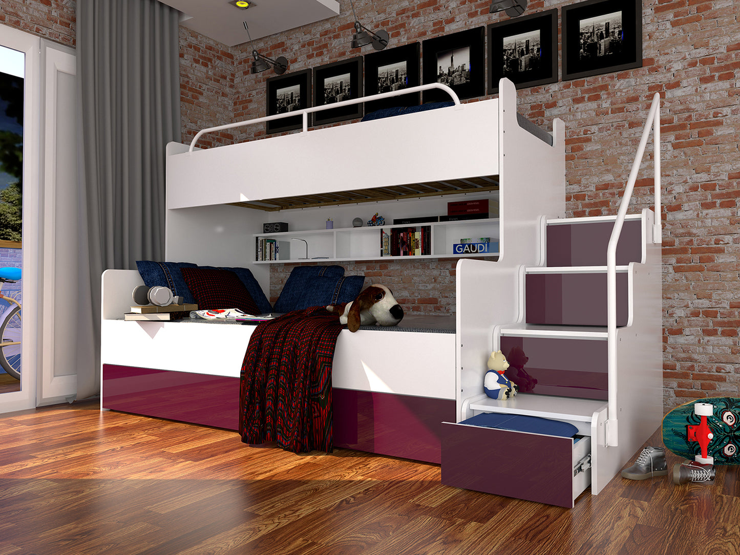 JESSICA 3B - bunk bed with stairs, shelves and many drawers. High gloss inserts