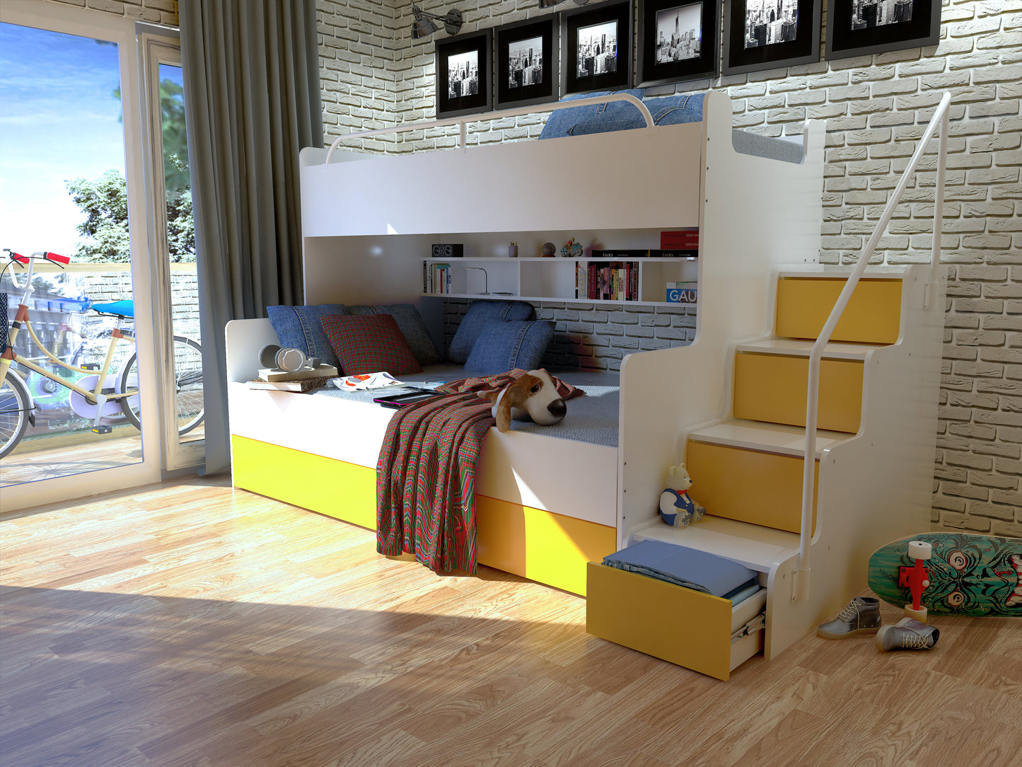 JESSICA 3 - bunk bed with stairs, shelves and many drawers