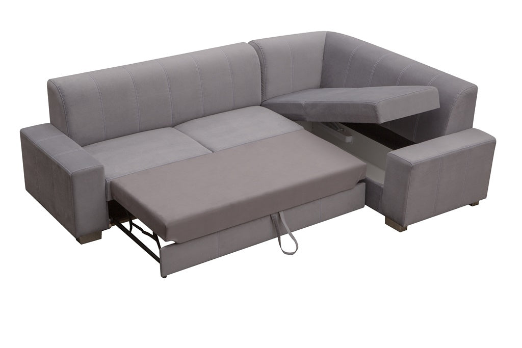 PATRON - Modern Corner Sofa Bed with Storage, Footstool and Pull Out Bed. Stain Resistant Fabric - Various Colours >277x195cm<