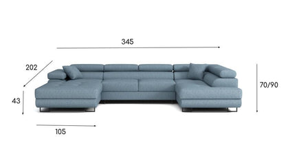 SANTIAGO - U Shaped Sofa Bed, Adjustable Headrests, Storage, Right or Left, Metal Legs, Many Colours >345cm<