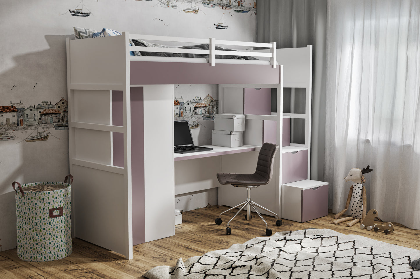 TITAN - High Sleeper Bed with Stairs, Wardrobe, Drawers, Desk - 10 Frame Colours + 13 Insert Colours