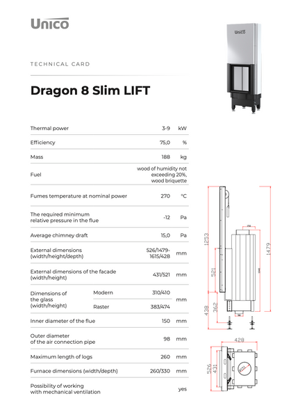 Unico Dragon 8 Slim Fireplace Insert Combust Air Modern Style