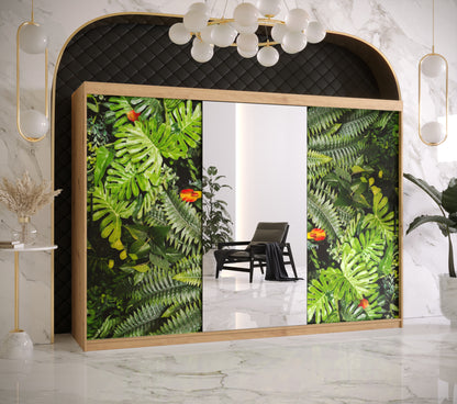 FERN 2 - Wardrobe with  Fern Pattern Mirror and Sliding Doors, Self Closing Optional, Drawers Optional, ASSEMBLY INCLUDED >250cm<
