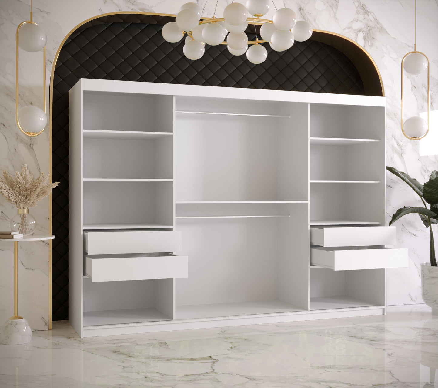 FERN 2 - Wardrobe with  Fern Pattern Mirror and Sliding Doors, Self Closing Optional, Drawers Optional, ASSEMBLY INCLUDED >250cm<