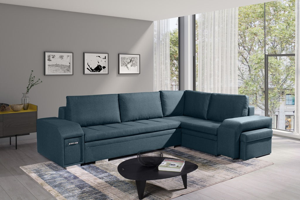 ALAN - Modern Corner Sofa Bed with 2 Storages, Footstool, Drawer and Pull Out Bed. Various Colours >305x205cm<