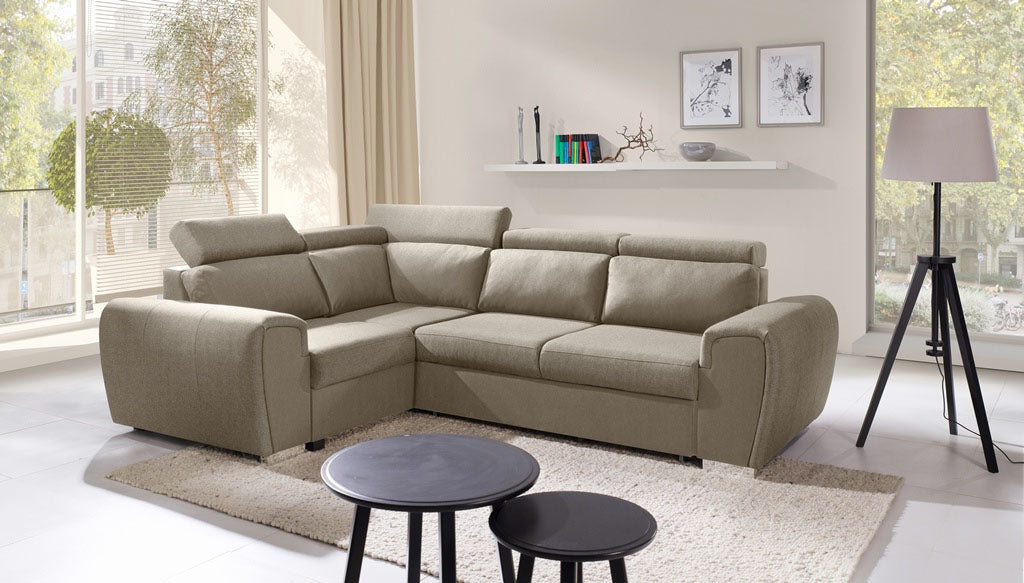 WIZ - Modern Corner Sofa Bed with Storage, Adjustable Headrests and Pull Out Bed. Various Colours >262x191cm<