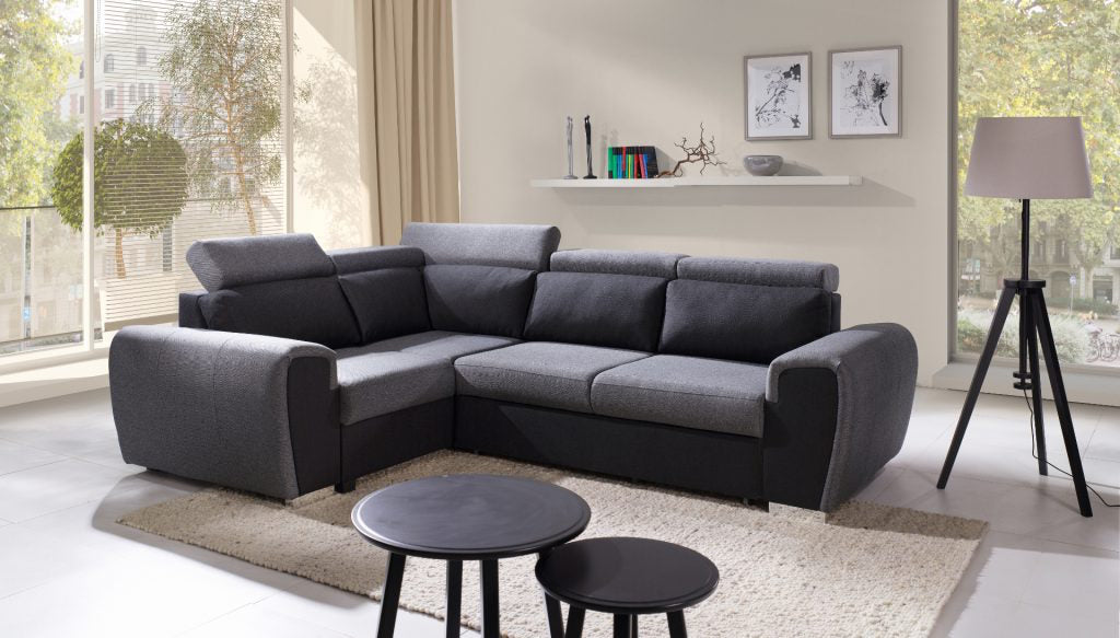 WIZ - Modern Corner Sofa Bed with Storage, Adjustable Headrests and Pull Out Bed. Various Colours >262x191cm<