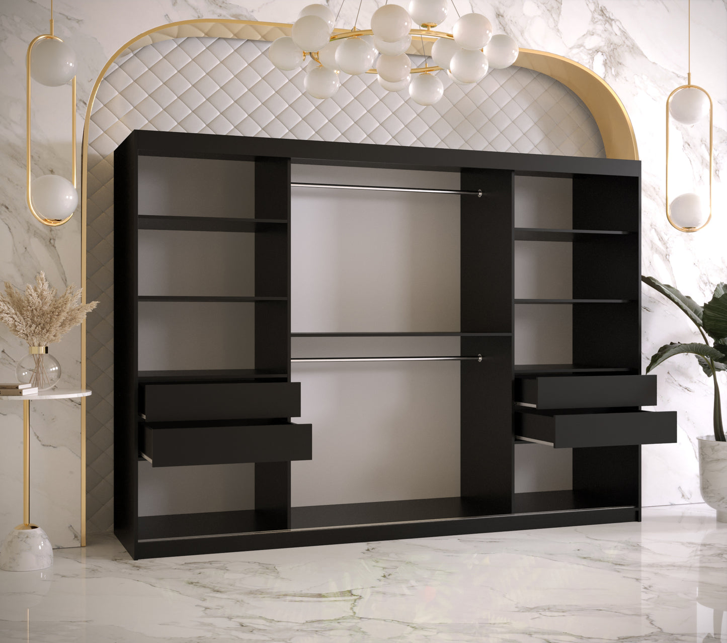 FLORENCE - Wardrobe Sliding Doors Black with Unique Pattern, Shelves, Rails, Drawers Optional, ASSEMBLY INCLUDED>250cm<