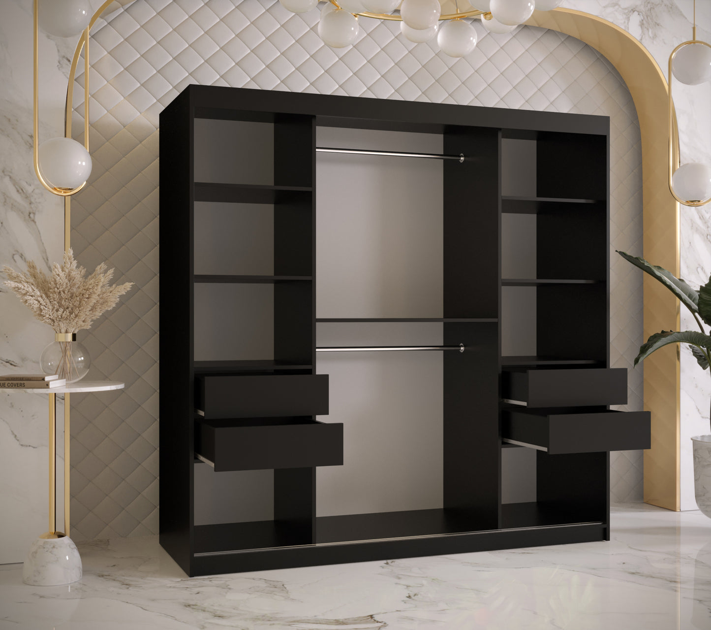 OSLO - Wardrobe Sliding Doors Black with Unique Pattern, Shelves, Rails, Drawers Optional >180cm<
