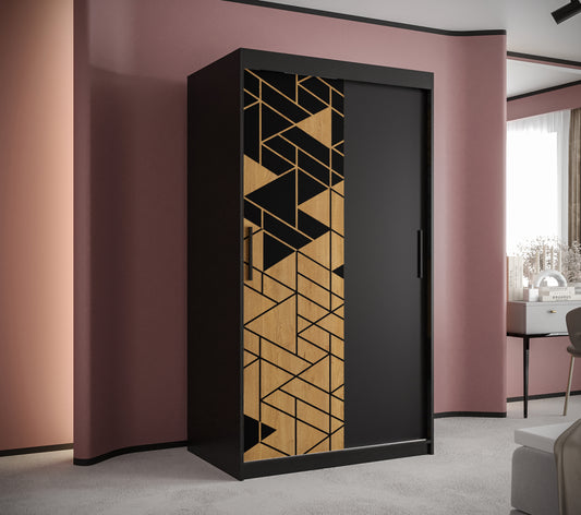 SANTINO - Wardrobe Sliding Doors Black with Unique Pattern, Shelves, Rails, Drawers Optional >100cm<