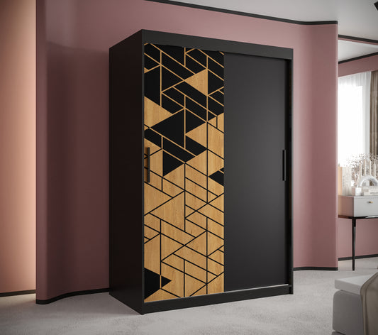 SANTINO - Wardrobe Sliding Doors Black with Unique Pattern, Shelves, Rails, Drawers Optional >120cm<