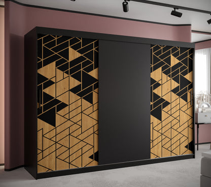 SANTINO - Wardrobe Sliding Doors Black with Unique Pattern, Shelves, Rails, Drawers Optional, ASSEMBLY INCLUDED>250cm<