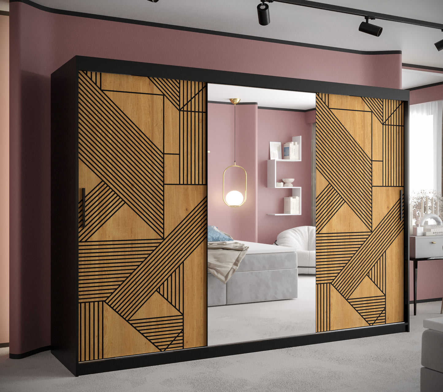 FLORENCE - Wardrobe Sliding Doors Black with Unique Pattern, Shelves, Rails, Drawers Optional, ASSEMBLY INCLUDED>250cm<