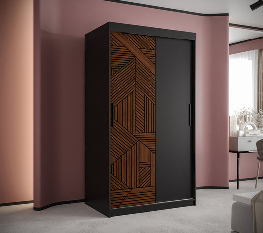 MARSYLIANA - Wardrobe Sliding Doors Black with Unique Pattern, Shelves, Rails, Drawers Optional >100cm<