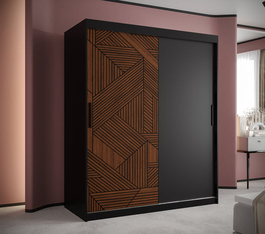 MARSYLIANA - Wardrobe Sliding Doors Black with Unique Pattern, Shelves, Rails, Drawers Optional >150cm<