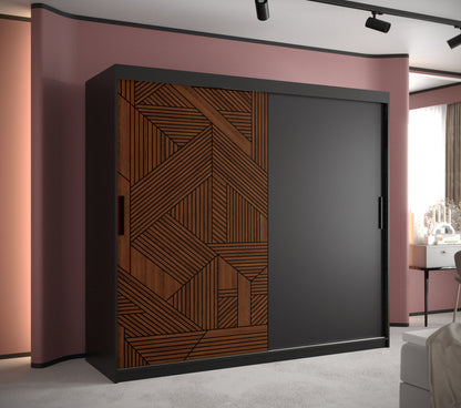 MARSYLIANA - Wardrobe Sliding Doors Black with Unique Pattern, Shelves, Rails, Drawers Optional >200cm<