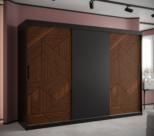 MARSYLIANA - Wardrobe Sliding Doors Black with Unique Pattern, Shelves, Rails, Drawers Optional, ASSEMBLY INCLUDED>250cm<