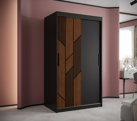 SYDNEY - Wardrobe Sliding Doors Black with Unique Pattern, Shelves, Rails, Drawers Optional >100cm<