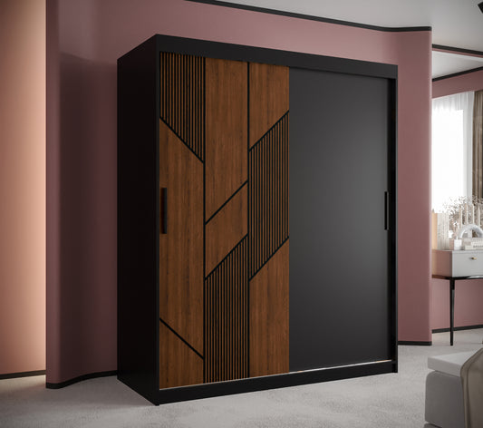 SYDNEY - Wardrobe Sliding Doors Black with Unique Pattern, Shelves, Rails, Drawers Optional >150cm<
