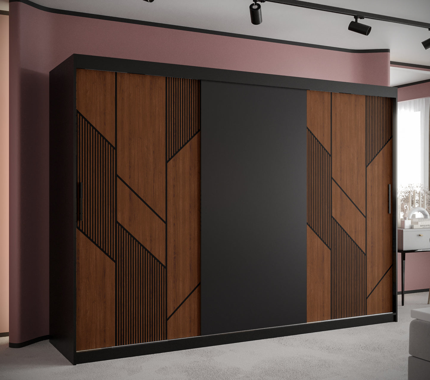 SYDNEY - Wardrobe Sliding Doors Black with Unique Pattern, Shelves, Rails, Drawers Optional, ASSEMBLY INCLUDED>250cm<