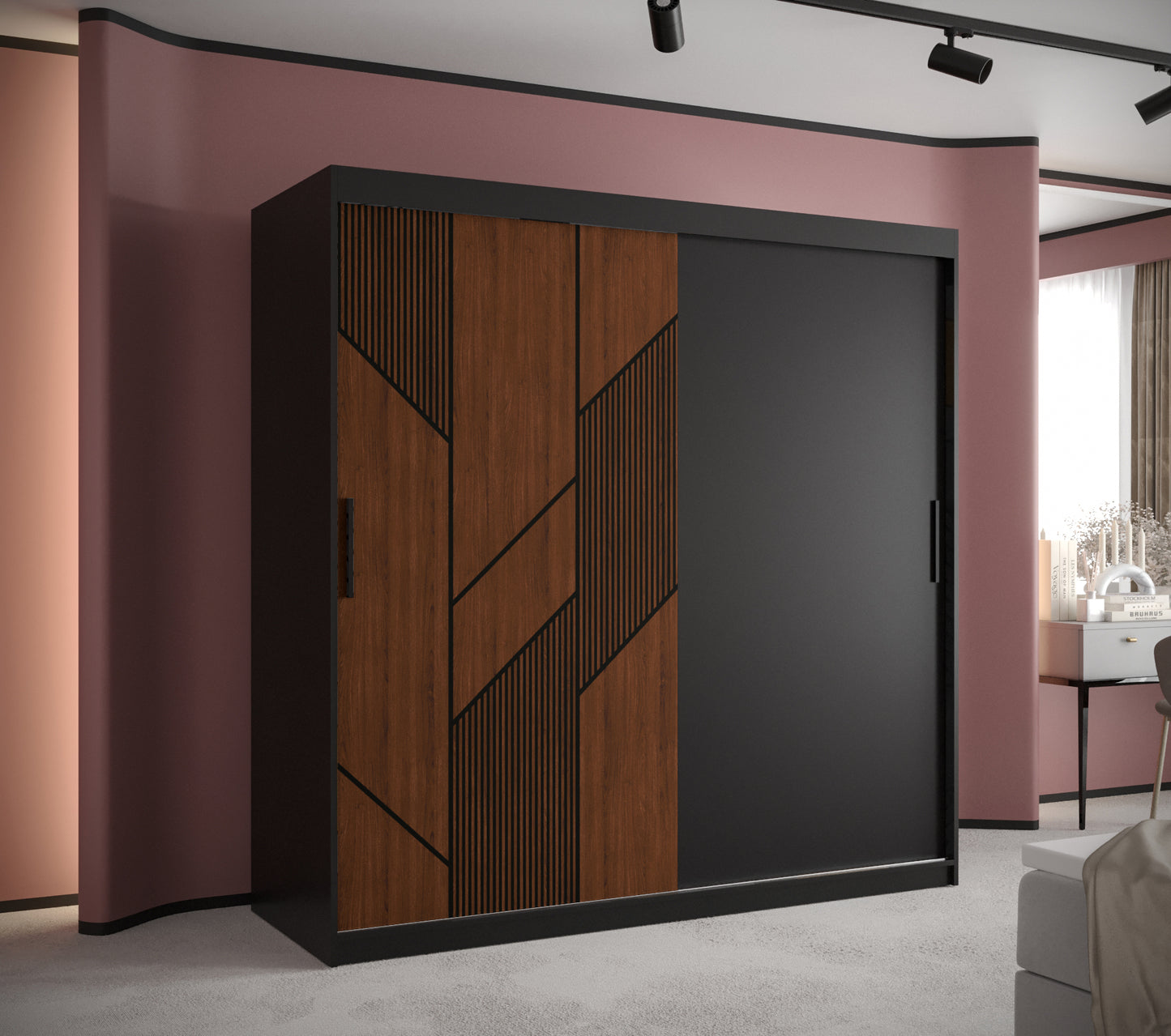 SYDNEY - Wardrobe Sliding Doors Black with Unique Pattern, Shelves, Rails, Drawers Optional >180cm<