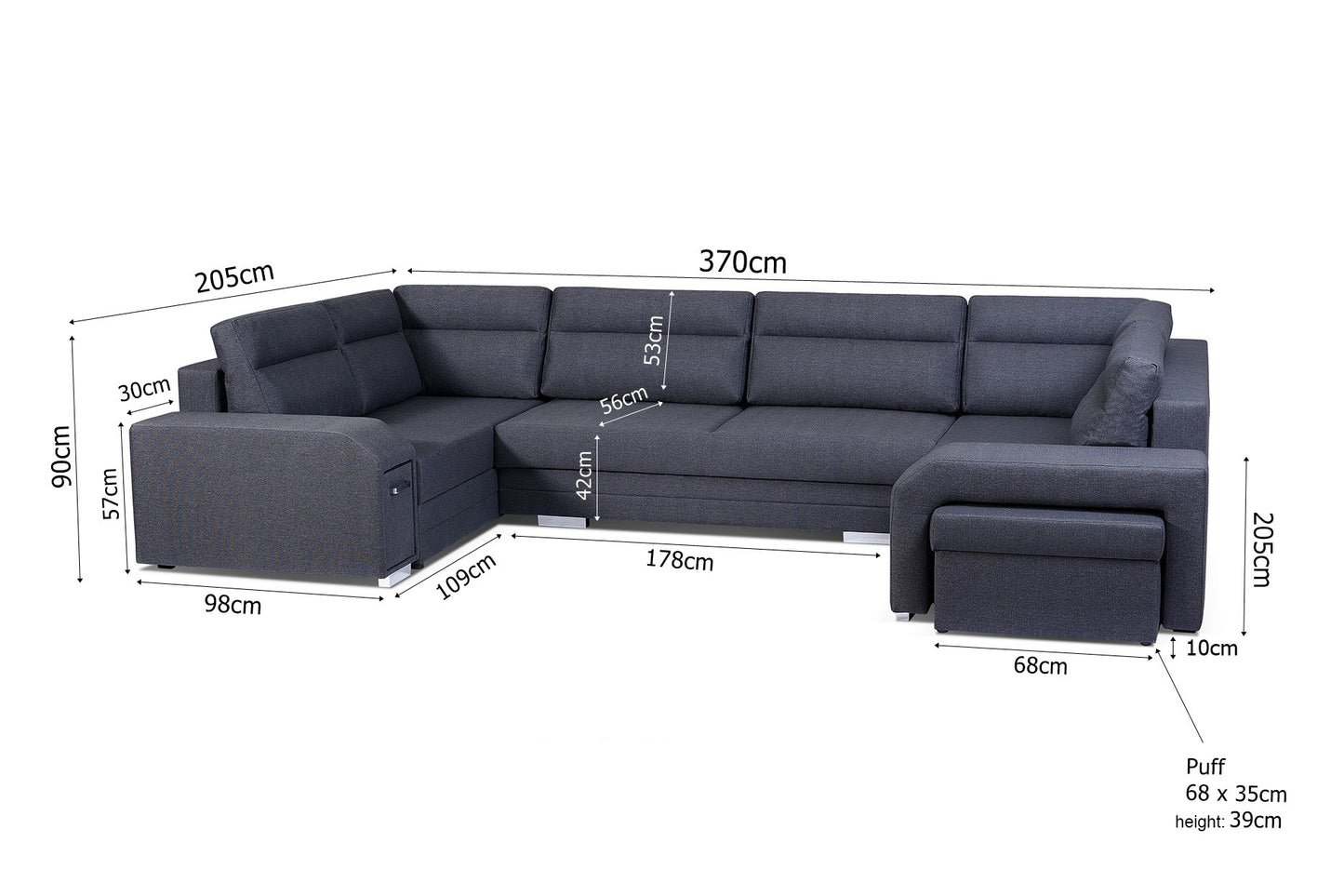 ALEAH U - Big Elegant U-shaped Sofa Bed with Footstool, 3 Storages, Drawer, Sleeping Function >370x205cm<