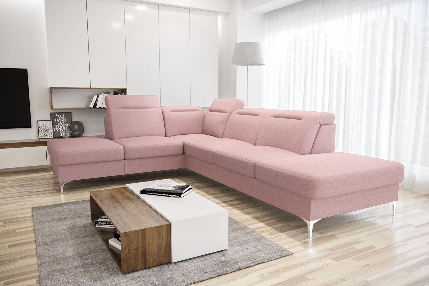 OLSEN - Corner Sofa with Pull out Bed Modern Metal Legs Adjustable Headrests >295x220cm<