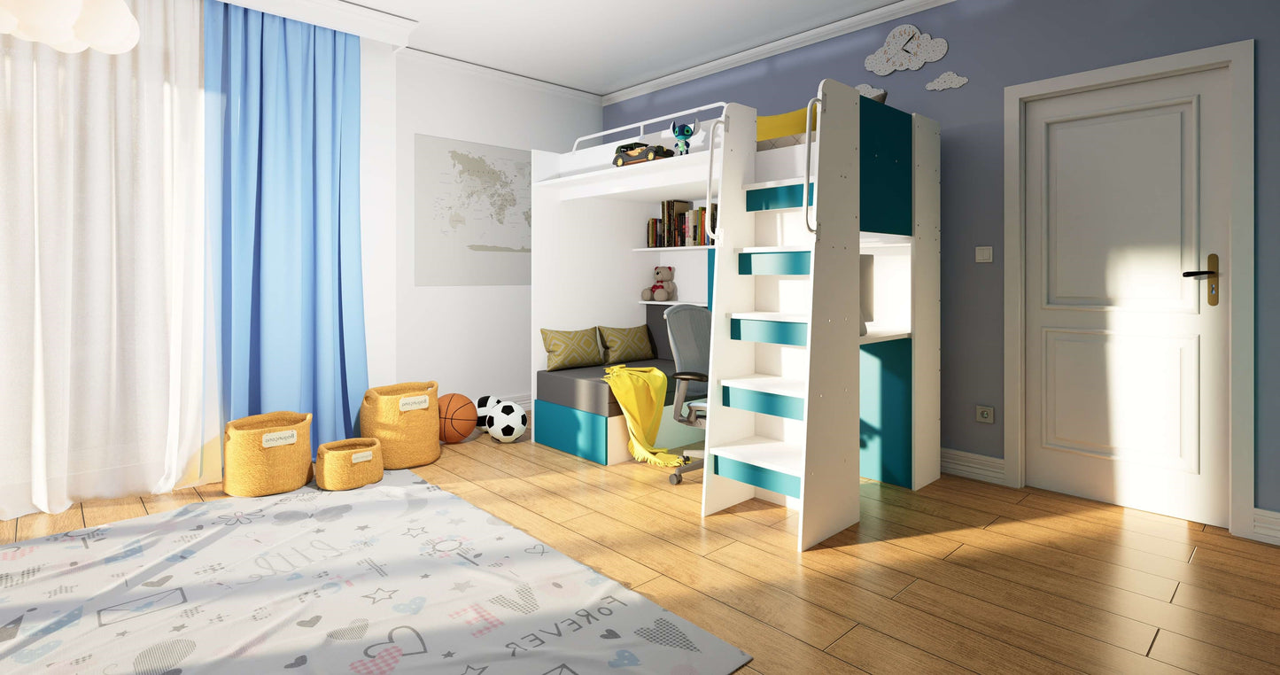 JESSICA 7 - Loft Bed with Desk and Sofa, 9 Colour Inserts