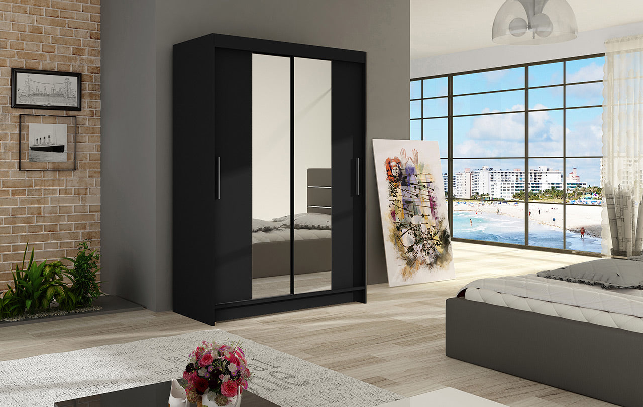 VEGAS II - 2 Sliding Door Wardrobe with Optional LED Lights Black Closet with Shelves ASSEMBLY SERVICE - FAST DELIVERY >120x200cm<