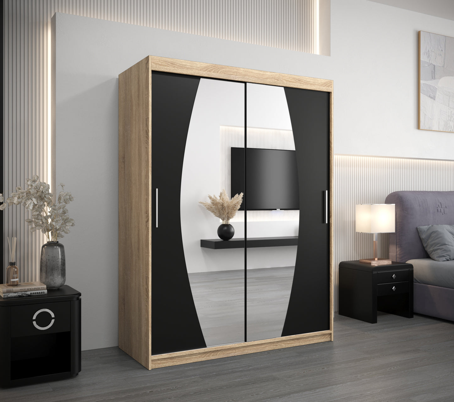 ECLIPTO - Wardrobe Sliding Doors Mirrors Colour Combinations Drawers Optional >150cm x 200cm<