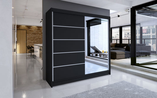 TALLY III - 2 Sliding Door Wardrobe with Big Mirror, Rail and Shelves, Black, FAST DELIVERY >180cm width<