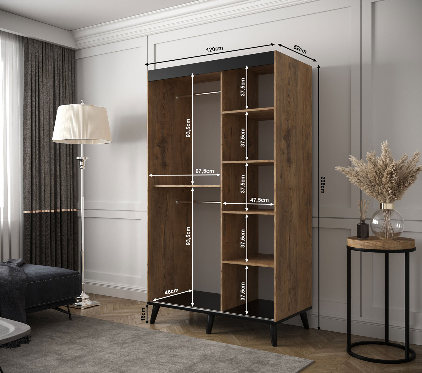 Galicia T3 - Industrial Style Wardrobe Mirrors Shelves Drawers Optional >120 cm x 208 cm<