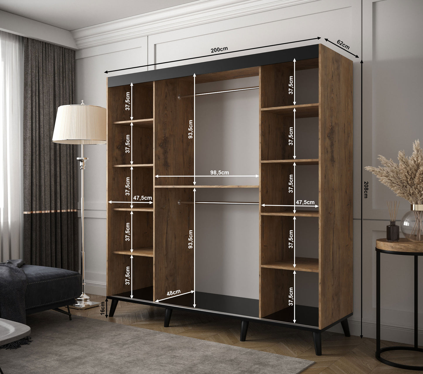 Galicia T3 - Industrial Style Wardrobe Mirrors Shelves Drawers Optional >200 cm x 208 cm<