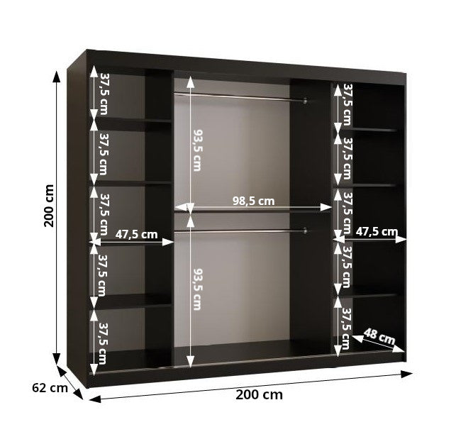 RAMIRA 1 - Wardrobe Sliding Door in Black or White Combinations, Shelves, Rails, Drawer optional >200cm<