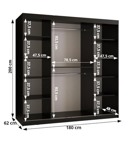 FLORENCE - Wardrobe Sliding Doors Black with Unique Pattern, Shelves, Rails, Drawers Optional >180cm<
