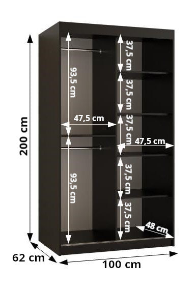 SANTINO - Wardrobe Sliding Doors Black with Unique Pattern, Shelves, Rails, Drawers Optional >100cm<
